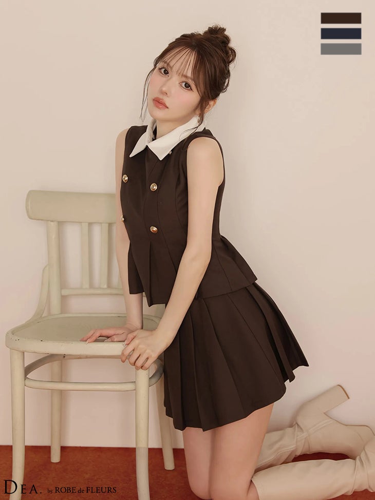 キャバドレス DEA.by ROBE de FLEURS ディア 襟付き ノースリーブ ダブルボタン ツイル プリーツ セットアップ フレアミニドレス