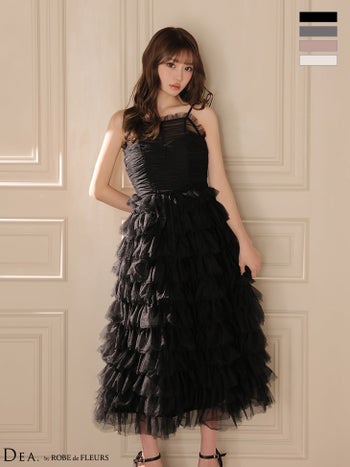 キャバドレス DEA.by ROBE de FLEURS ディア ローブドフルール バックシャン ウエストリボン キャミソール ティアードチュール シアーギャザービスチェ フレアロングドレス