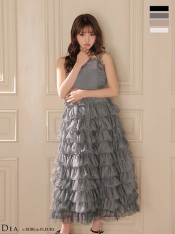 キャバドレス DEA.by ROBE de FLEURS ディア ローブドフルール シアーギャザービスチェ バックシャン ウエストリボン キャミソール ティアードチュール フレアロングドレス
