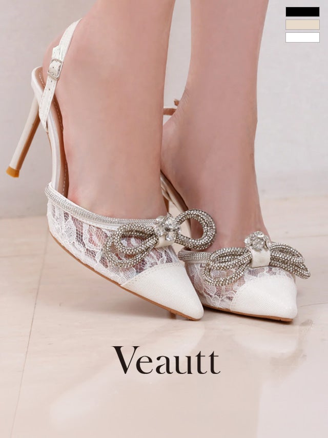 キャバヒール Veautt ヴュート  レース リボンモチーフ バックストラップ ポインテッド パンプス