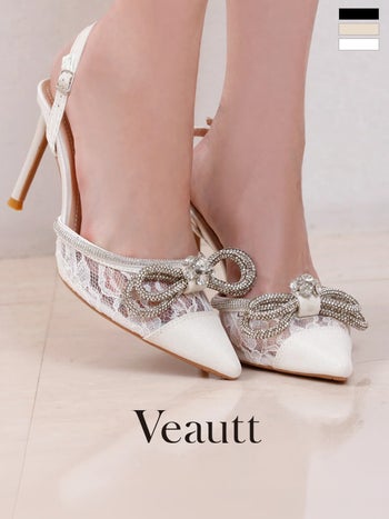 キャバヒール Veautt ヴュート  レース リボンモチーフ バックストラップ ポインテッド パンプス