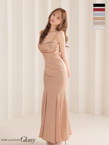 キャバドレス Glossy ROBE de FLEURS グロッシー ローブドフルール サテン ドレープ ビジューライン ハートカット キャミソール タイトロングドレス