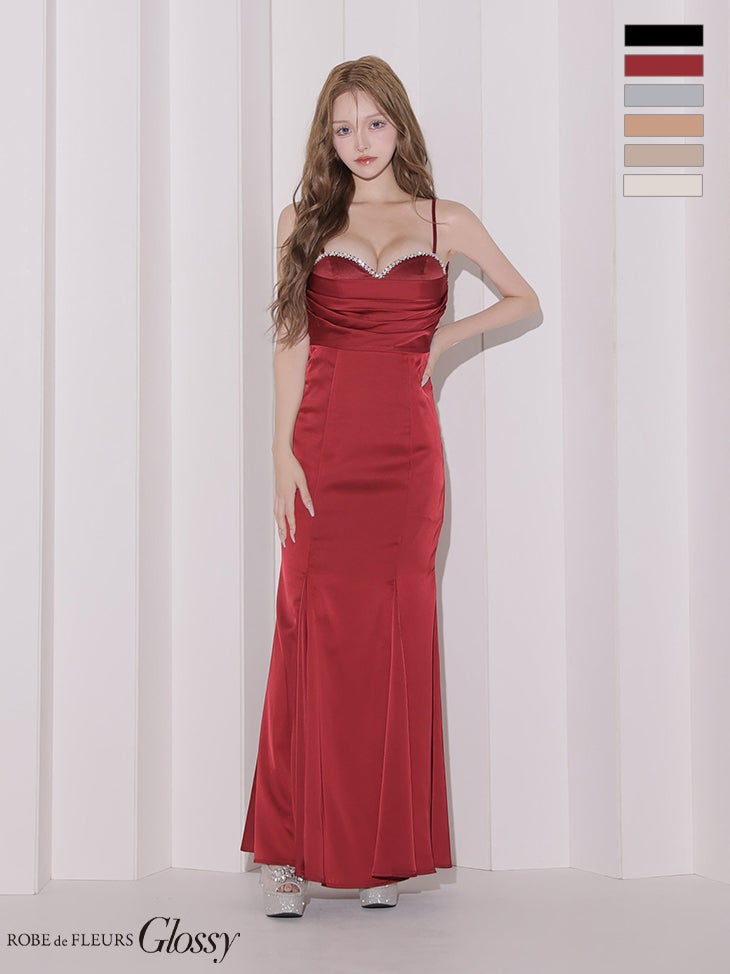 キャバドレス Glossy ROBE de FLEURS グロッシー ローブドフルール  ハートカット キャミソール サテン ドレープ ビジューライン タイトロングドレス