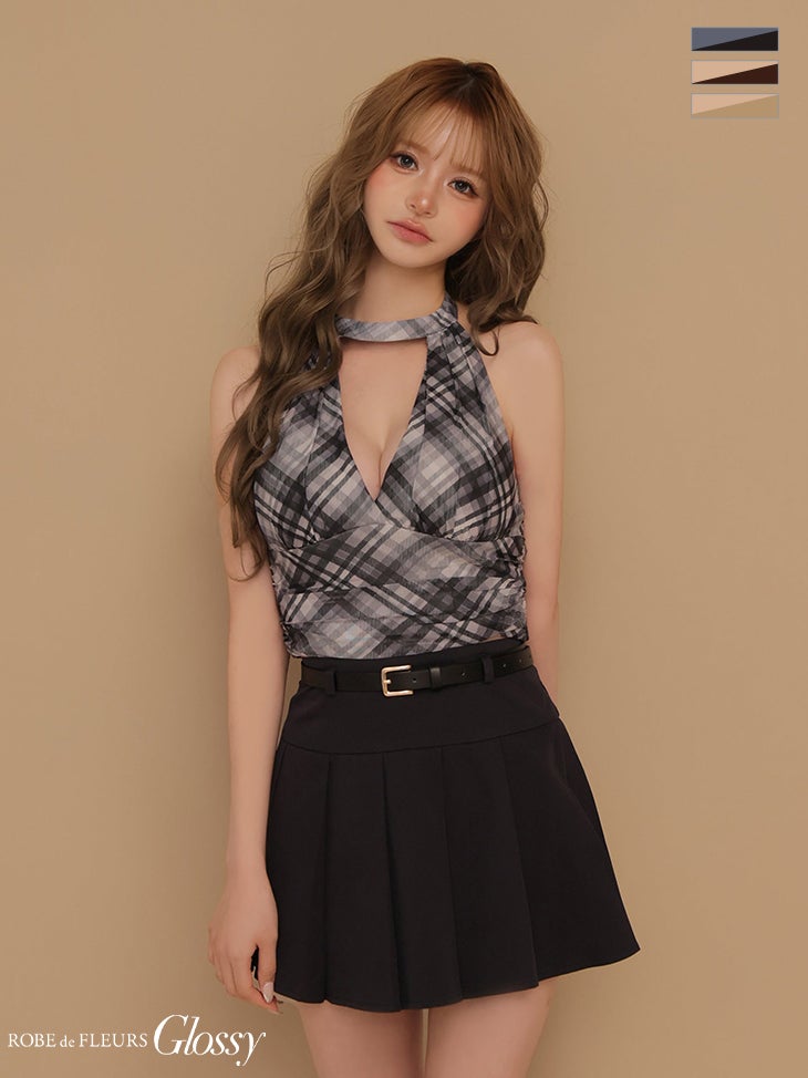 キャバドレス Glossy by ROBE de FLEURS グロッシー ベルト プリーツスカート チェック柄 セットアップ ホルターネック バストカット フレアミニドレス 