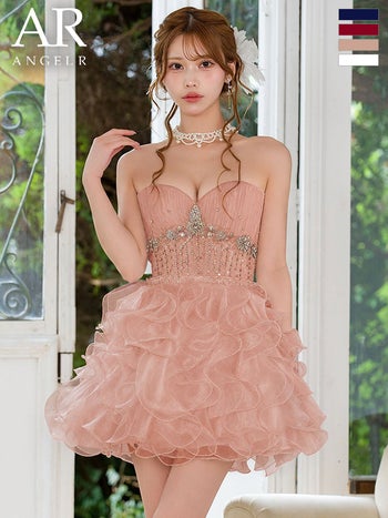 キャバドレス Angel R エンジェルアール オフショルダー 2way ベアトップ ボリュームフリル バースデー オーガンジー ハートカット ビジューパール フレアミニドレス