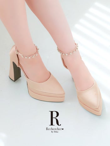 キャバヒール Rechercher ルシェルシェ ビジュー アンクルストラップ サテン セパレート チャンキーハイヒール パンプス