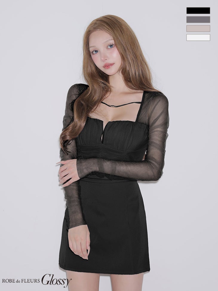 キャバドレス Glossy by ROBE de FLEURS グロッシー チュール ギャザー セットアップ 長袖 タイトミニドレス