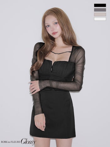 キャバドレス Glossy by ROBE de FLEURS グロッシー チュール ギャザー セットアップ 長袖 タイトミニドレス