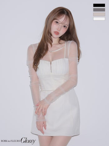キャバドレス Glossy by ROBE de FLEURS グロッシー ギャザー セットアップ 長袖 チュール タイトミニドレス