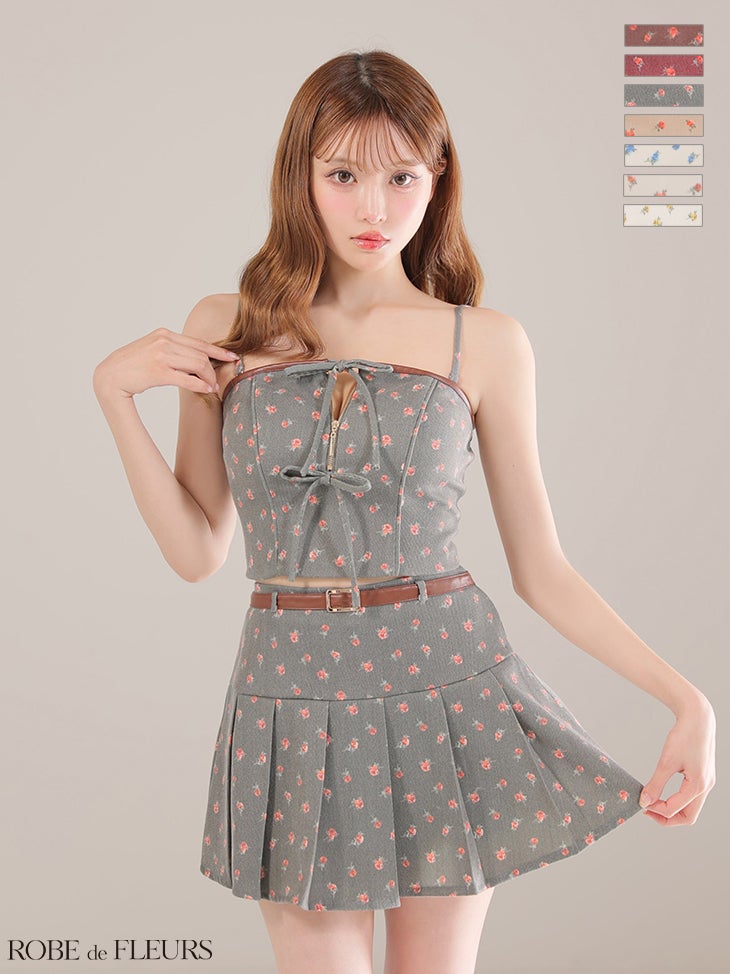キャバドレス ROBEdeFLEURS ローブドフルール 2way 小花柄 セットアップ リボン キャミソール ベア レザーパイピング フレアミニドレス
