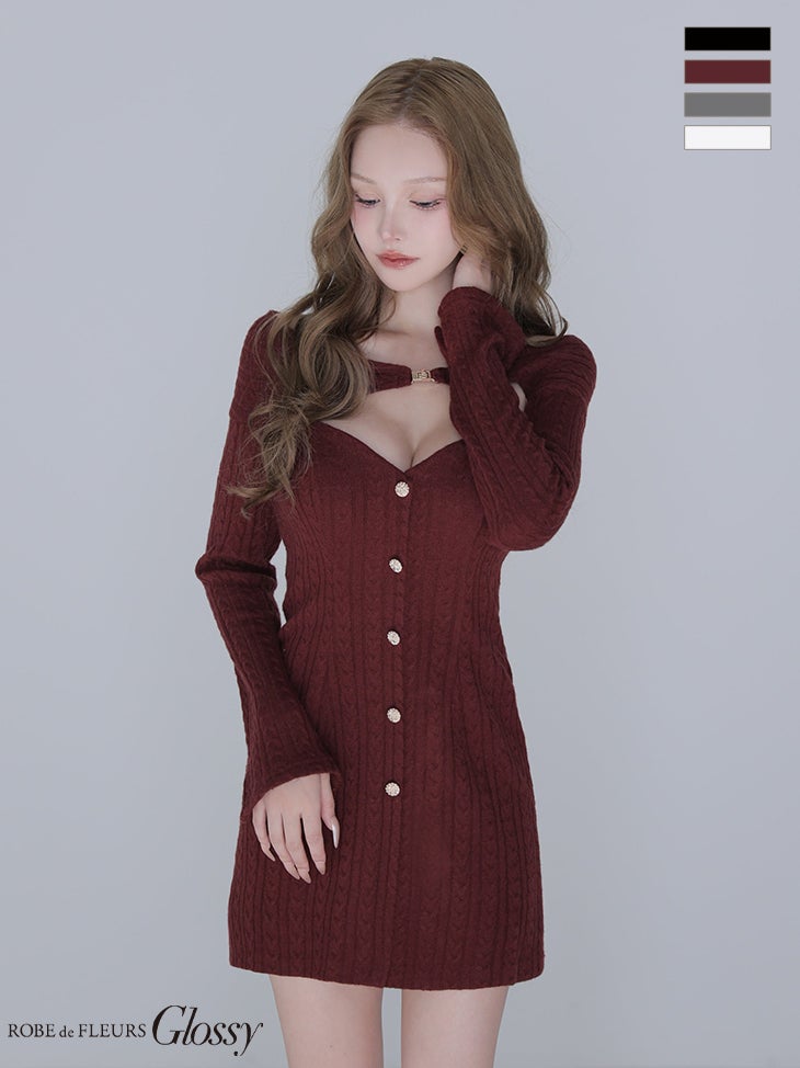 キャバドレス Glossy by ROBE de FLEURS グロッシー ローブドフルール ケーブルニット 2WAY オフショルダー キャミソール フロントボタン 長袖 ボレロ レイヤード風 タイトミニドレス