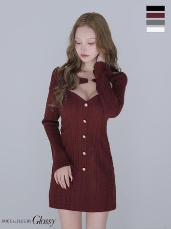 キャバドレス Glossy by ROBE de FLEURS グロッシー ローブドフルール ケーブルニット 2WAY オフショルダー キャミソール フロントボタン 長袖 ボレロ レイヤード風 タイトミニドレス