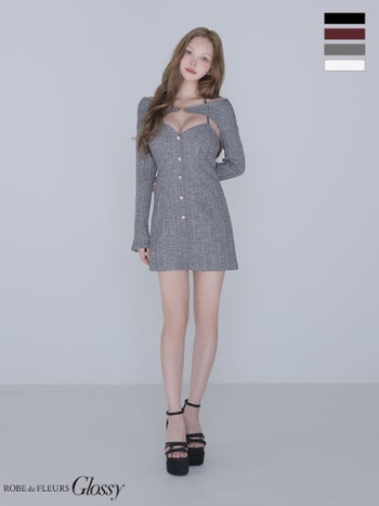 キャバドレス Glossy by ROBE de FLEURS グロッシー ローブドフルール 長袖 ボレロ レイヤード風 フロントボタン ケーブルニット 2WAY オフショルダー キャミソール タイトミニドレス