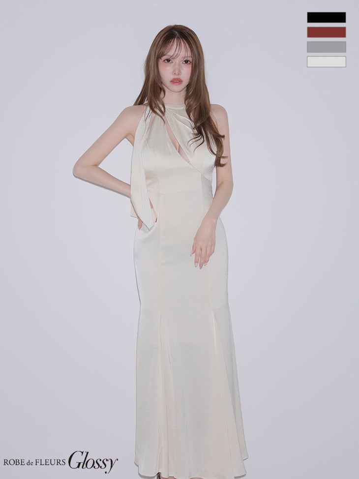 キャバドレス Glossy ROBE de FLEURS グロッシー ローブドフルール ホルターネック バックカットデザイン 光沢ジャガード バストカット セクシー マーメイドロングドレス 