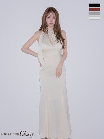 キャバドレス Glossy ROBE de FLEURS グロッシー ローブドフルール ホルターネック バックカットデザイン 光沢ジャガード バストカット セクシー マーメイドロングドレス 