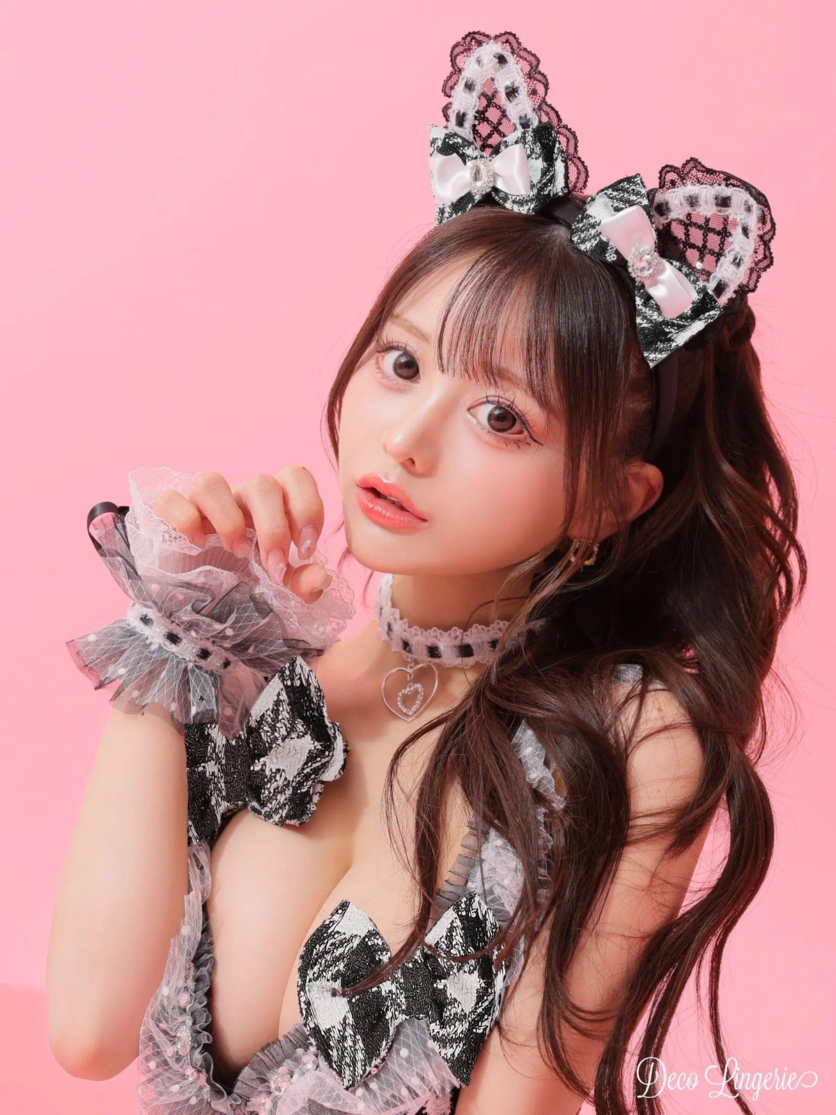 コスプレ 勝負下着 Deco Lingerie デコランジェリー ROBE de FLEURS ローブドフルール 黒猫 チェック柄 ドット柄 フリル リボン ガーリー ツイード ランジェリー 6点セット 
