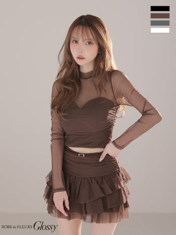 キャバドレス Glossy by ROBE de FLEURS グロッシー ローブドフルール ハイネック 長袖 シアーチュール ギャザー ビスチェ ベルトデザイン ティアードフリル セットアップ フレアミニドレス