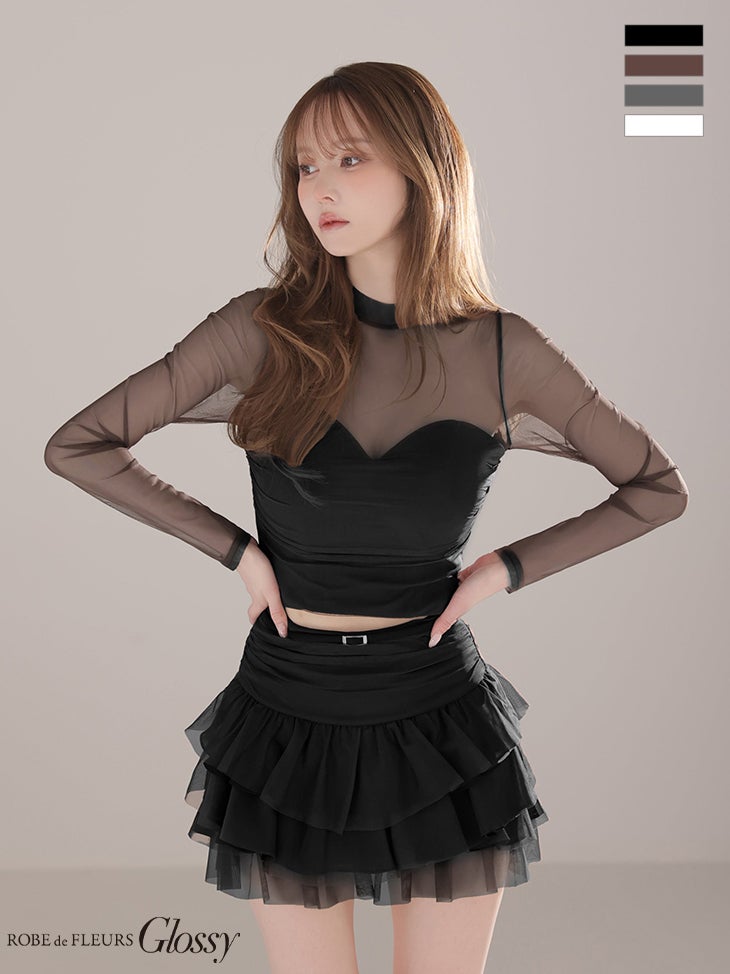 キャバドレス Glossy by ROBE de FLEURS グロッシー ローブドフルール 長袖 シアーチュール ハイネック ギャザー ビスチェ ベルトデザイン ティアードフリル セットアップ フレアミニドレス
