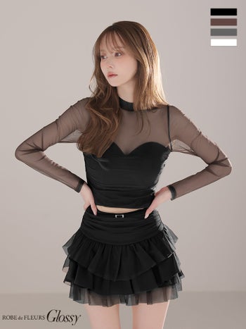 キャバドレス Glossy by ROBE de FLEURS グロッシー ローブドフルール 長袖 シアーチュール ハイネック ギャザー ビスチェ ベルトデザイン ティアードフリル セットアップ フレアミニドレス