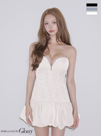 キャバドレス Glossy by ROBE de FLEURS グロッシー ローブドフルール レオパード柄 ジャガード ジップデザイン ベアトップ 2way キャミソール ハートカット バルーンスカート フレアミニドレス