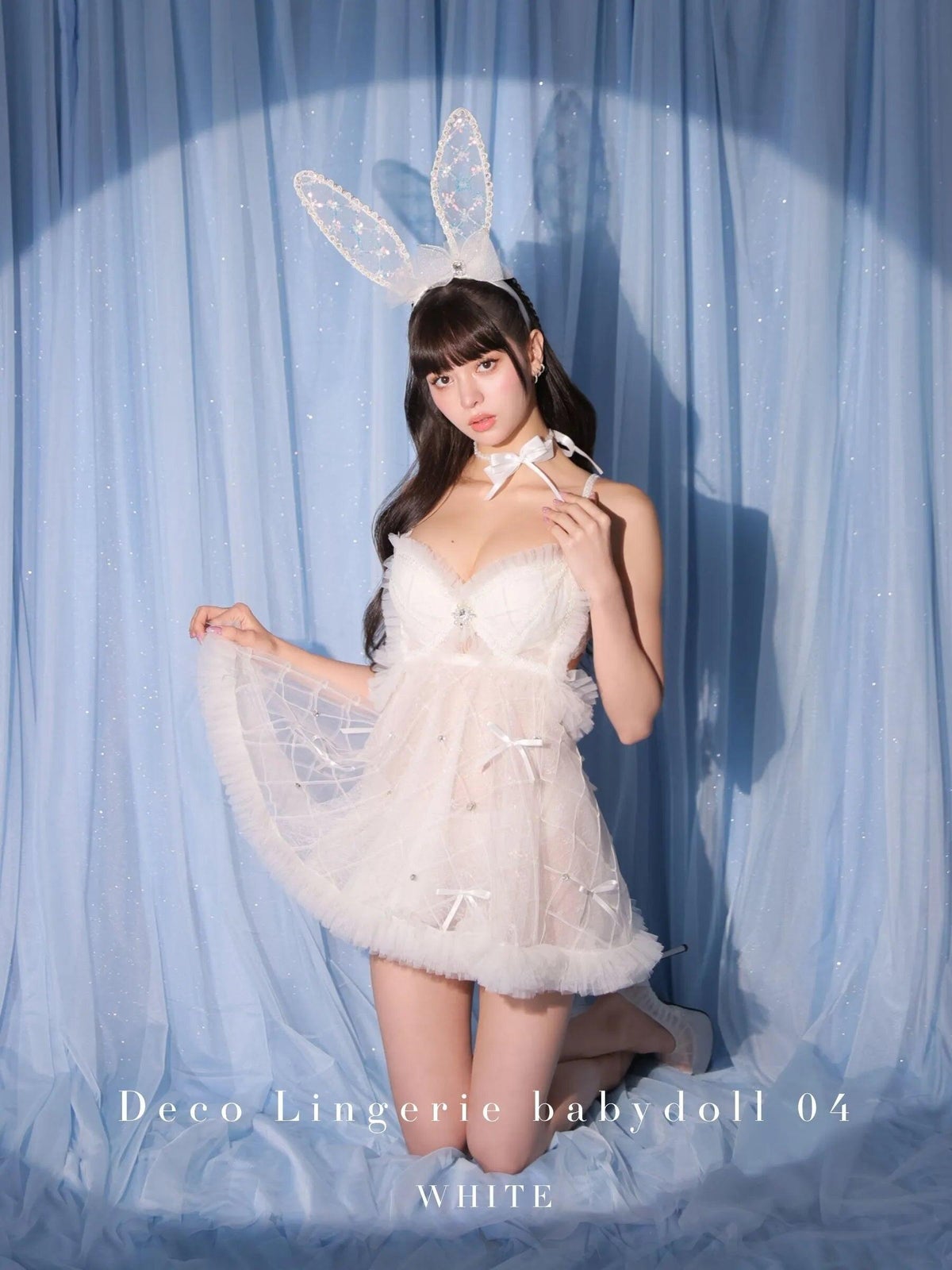 コスプレ 勝負下着 Deco Lingerie デコランジェリー ROBE de FLEURS ローブドフルール　バニー レース フリル ガラスビジュー チュール サテンリボン ランジェリー 4点セット