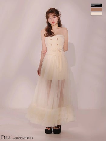 キャバドレス DEA.by ROBE de FLEURS ディア ローブドフルール ウエストリボンベルト レイヤード ダブルボタン セットアップ ベアトップ シアーチュール Aラインロングドレス