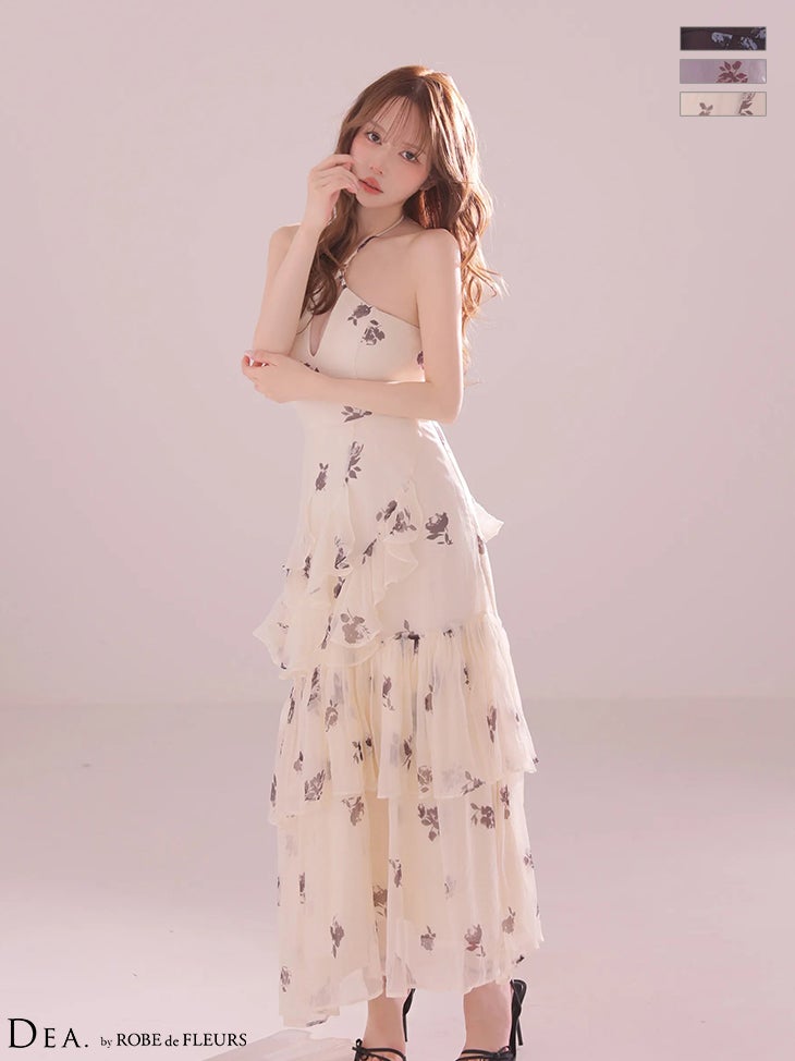 キャバドレス DEA.by ROBE de FLEURS ディア ローブドフルール ホルターネック オープンバスト アシンメトリー ティアードフリル シフォン 花柄 Aラインロングドレス