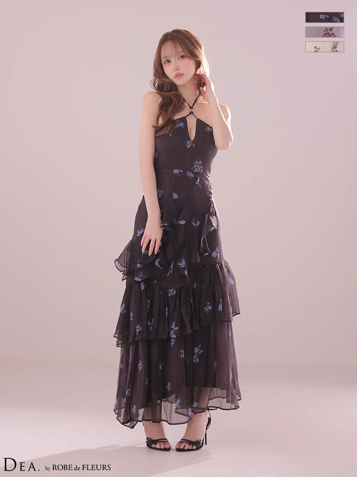 キャバドレス DEA.by ROBE de FLEURS ディア ローブドフルール アシンメトリー ティアードフリル ホルターネック オープンバスト シフォン 花柄 Aラインロングドレス