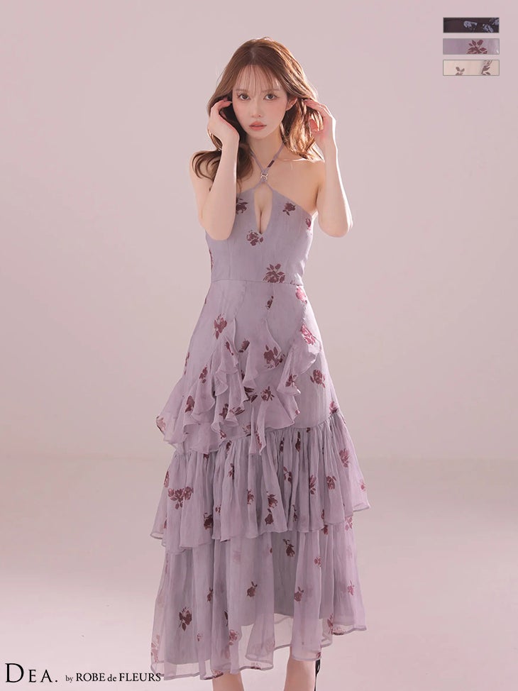 キャバドレス DEA.by ROBE de FLEURS ディア ローブドフルール シフォン 花柄 アシンメトリー ティアードフリル ホルターネック オープンバスト Aラインロングドレス