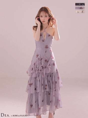 キャバドレス DEA.by ROBE de FLEURS ディア ローブドフルール シフォン 花柄 アシンメトリー ティアードフリル ホルターネック オープンバスト Aラインロングドレス