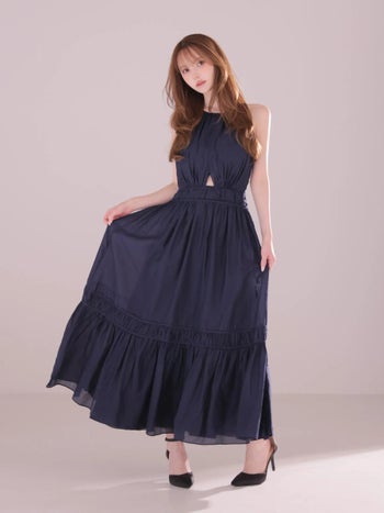 キャバドレス DEA. ROBE de FLEURS ディア ローブドフルール マットサテン カットアウト ホルターネック バックオープン フレアロングドレス 