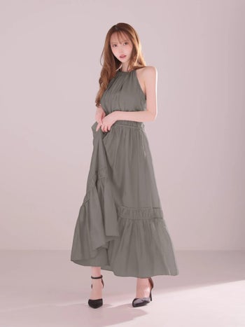 キャバドレス DEA. ROBE de FLEURS ディア ローブドフルール マットサテン カットアウト ホルターネック バックオープン フレアロングドレス 