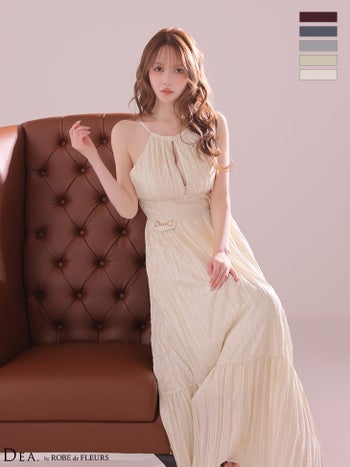キャバドレス DEA.by ROBE de FLEURS ディア ローブドフルール ホルターネック ジップデザイン バックオープン プリーツ サテン ウエストバックル Aラインロングドレス