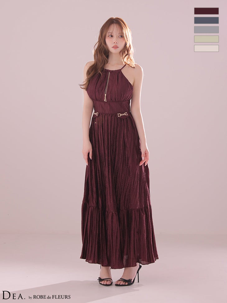キャバドレス DEA.by ROBE de FLEURS ディア ローブドフルール ジップデザイン ホルターネック バックオープン プリーツ サテン ウエストバックル Aラインロングドレス