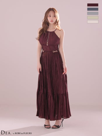 キャバドレス DEA.by ROBE de FLEURS ディア ローブドフルール ジップデザイン ホルターネック バックオープン プリーツ サテン ウエストバックル Aラインロングドレス