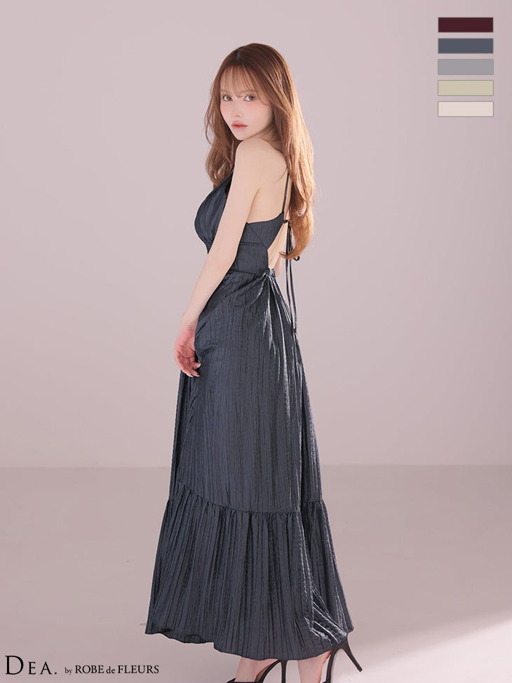 キャバドレス DEA.by ROBE de FLEURS ディア ローブドフルール サテン ウエストバックル プリーツ バックオープン ジップデザイン ホルターネック Aラインロングドレス
