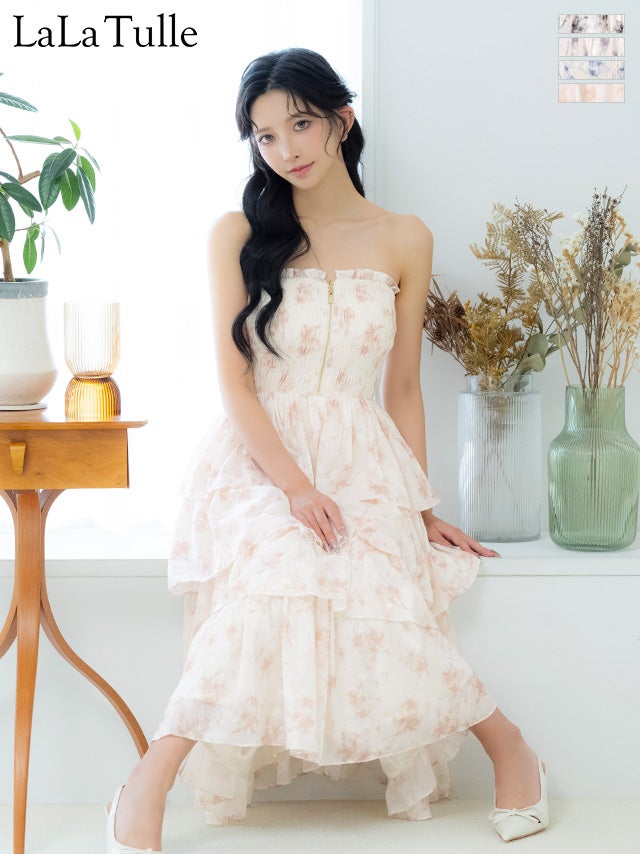 キャバドレス DEA. ROBE de FLEURS ディア ローブドフルール シフォン ベアトップ フラワージャガード ティアード ジップデザイン Aラインロングドレス 