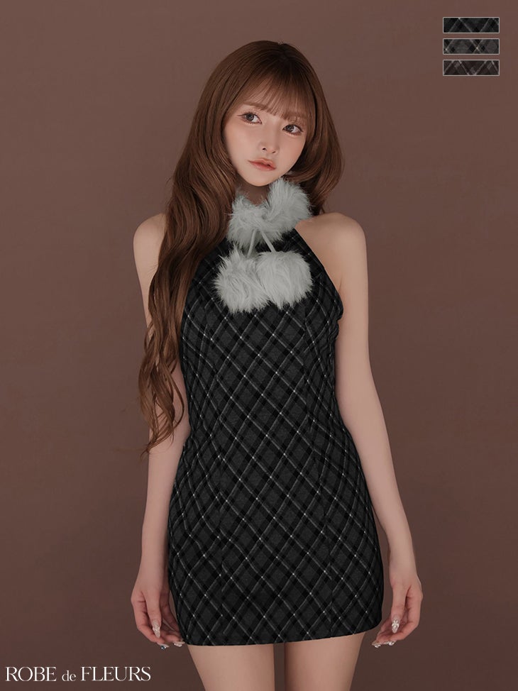キャバドレス ROBEdeFLEURS ローブドフルール ホルターネック バストカット チェック柄 2way ファーティペット タイトミニドレス