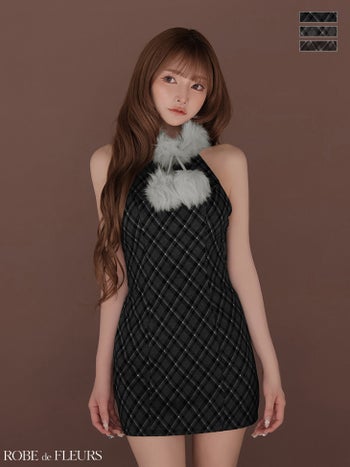 キャバドレス ROBEdeFLEURS ローブドフルール ホルターネック バストカット チェック柄 2way ファーティペット タイトミニドレス