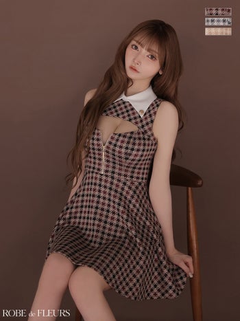 キャバドレス ROBEdeFLEURS ローブドフルール 襟付き ノースリーブ バストカット ジップデザイン 千鳥柄 フレアミニドレス