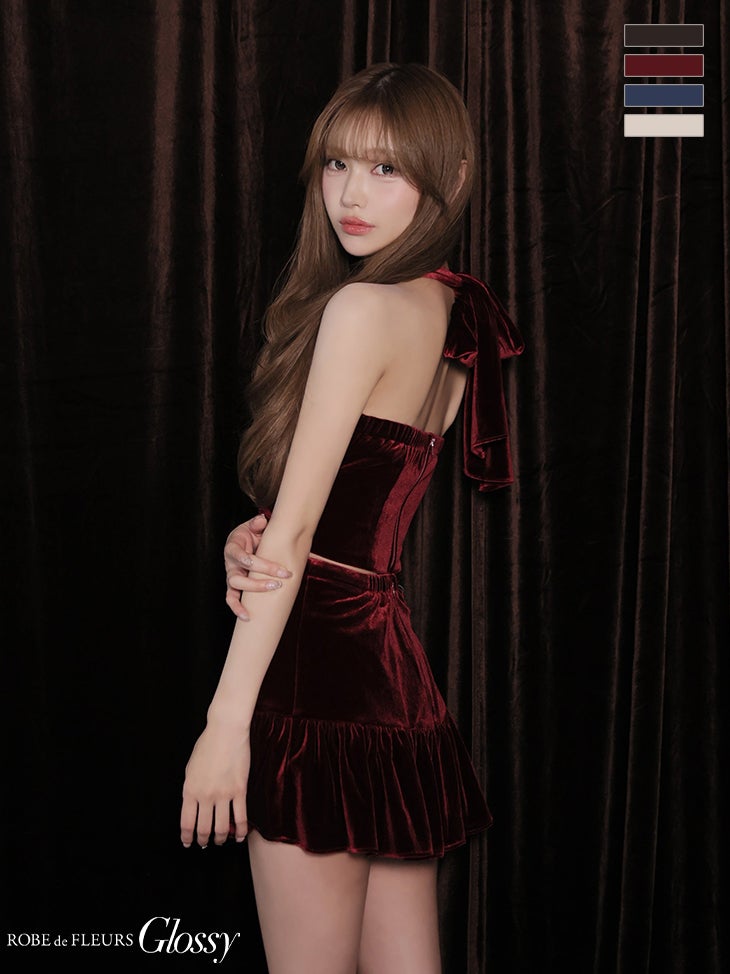 キャバドレス Glossy by ROBE de FLEURS グロッシー ギャザー ベロア レース セットアップ ホルターネック バックリボン フレアミニドレス