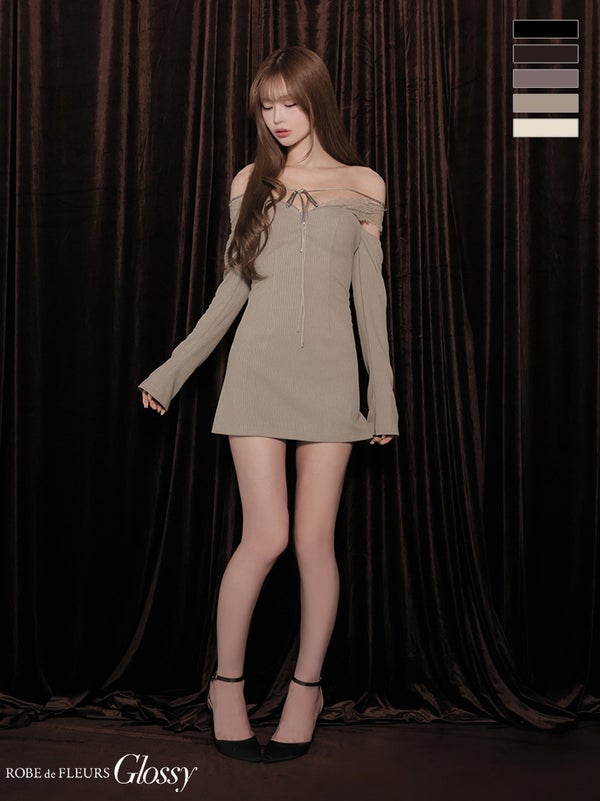 キャバドレス Glossy by ROBE de FLEURS グロッシー ジップデザイン 長袖 レース リブニット オフショルダー リボン タイトミニドレス