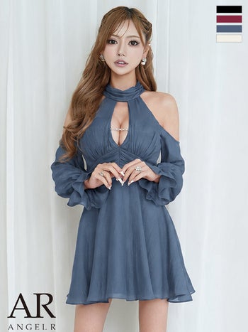 キャバドレス Angel R エンジェルアール ギャザー 肩あき チェーン 長袖 フリル フレアミニドレス