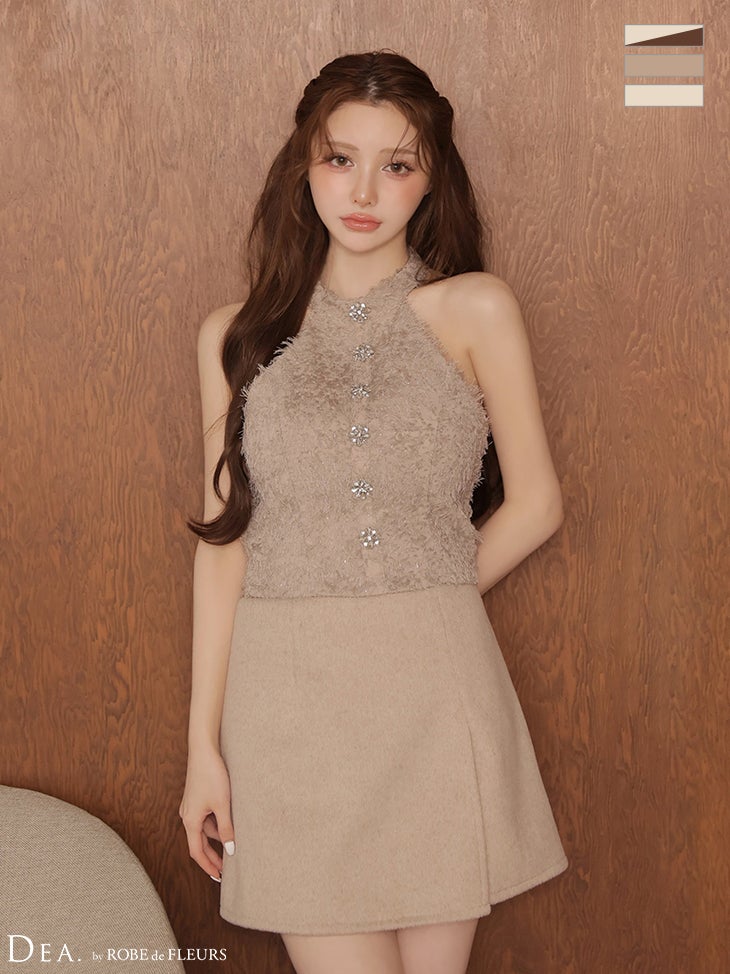 キャバドレス DEA.by ROBE de FLEURS ディア パールボタン メルトン ラップデザイン セットアップ アメリカンスリーブ フリンジシフォン タイトミニドレス