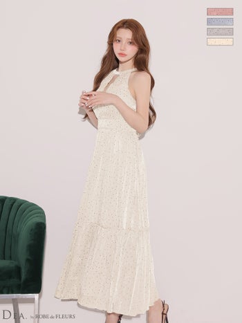 キャバドレス DEA.by ROBE de FLEURS ディア ローブドフルール リボン ホルターネック バストカット ドット柄 バックオープン シフォン フレアロングドレス