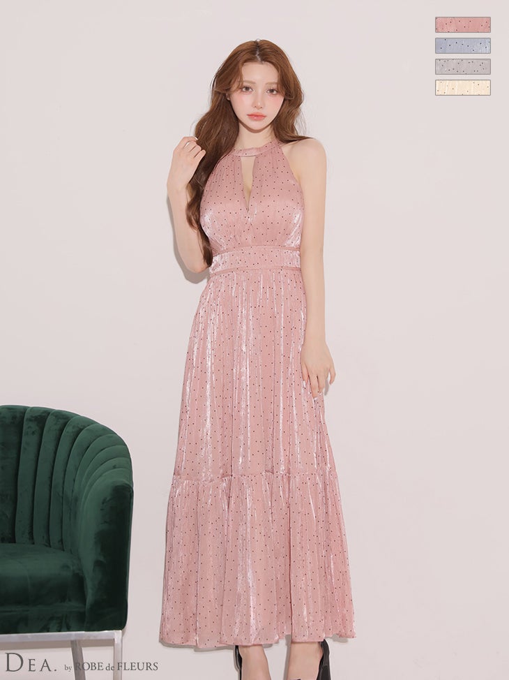 キャバドレス DEA.by ROBE de FLEURS ディア ローブドフルール ドット柄 シフォン バックオープン リボン ホルターネック バストカット フレアロングドレス