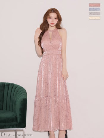 キャバドレス DEA.by ROBE de FLEURS ディア ローブドフルール ドット柄 シフォン バックオープン リボン ホルターネック バストカット フレアロングドレス