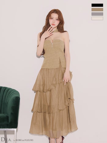 キャバドレス DEA.by ROBE de FLEURS ディア ローブドフルール チョーカー風 ラメニット ジップデザイン シフォン アシンメトリー ティアード セットアップ Aラインロングドレス