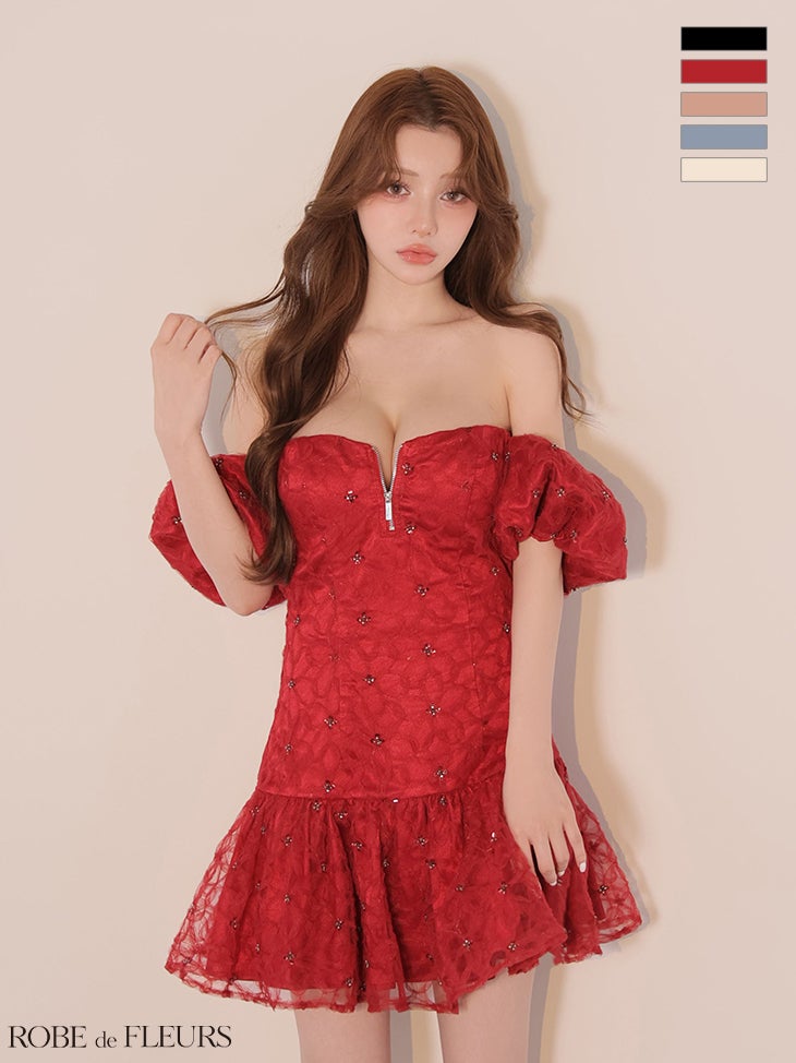 キャバドレス ROBEdeFLEURS ローブドフルール ジップデザイン スパンコール レース 花柄 2way オフショルダー 肩あき フレアミニドレス