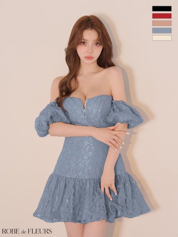 キャバドレス ROBEdeFLEURS ローブドフルール スパンコール レース 花柄 2way オフショルダー 肩あき ジップデザイン フレアミニドレス